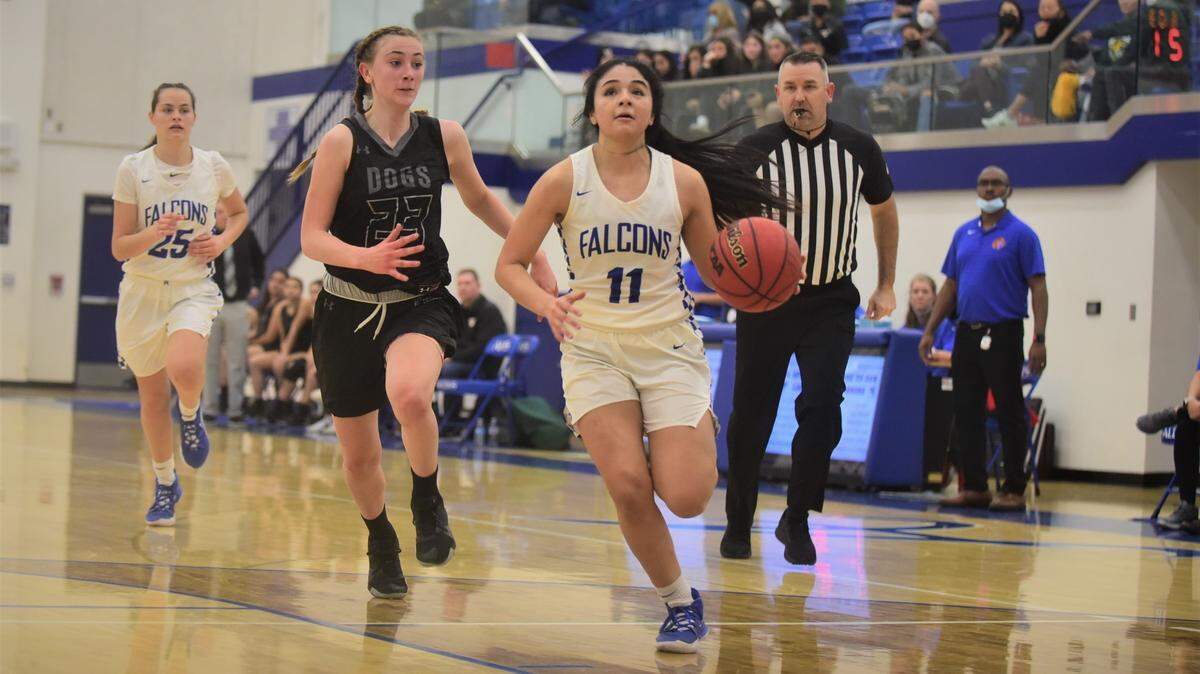 Atwater High senior Aliene Lopez looks to score on a fast break against Tracy during a playoff game on Thursday, Feb. 17, 2022, at Atwater High School.