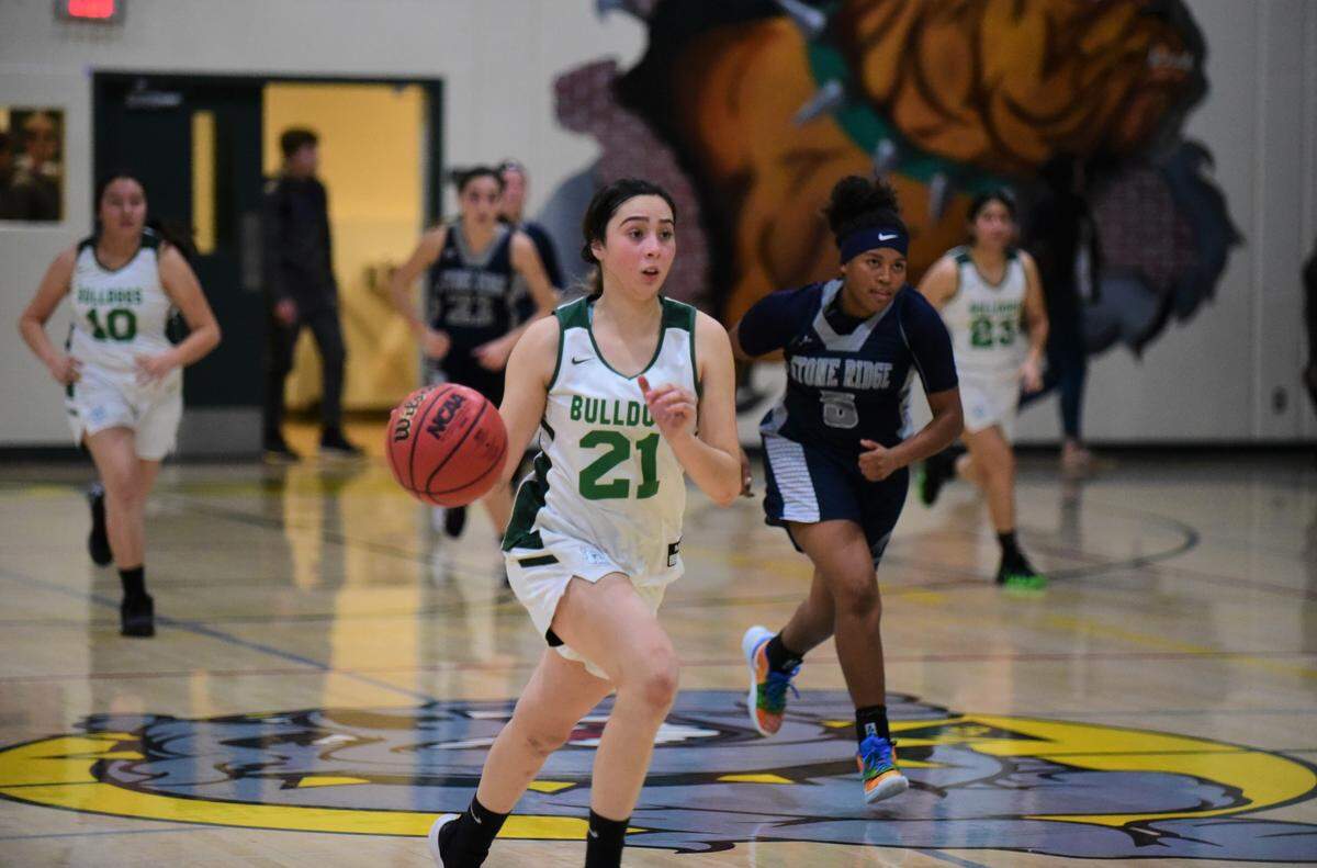 Le Grand High junior Alexa Ultreras dribbles up the court against Stone Ridge Christian on Friday, Dec. 13, 2019 at Le Grand High School.