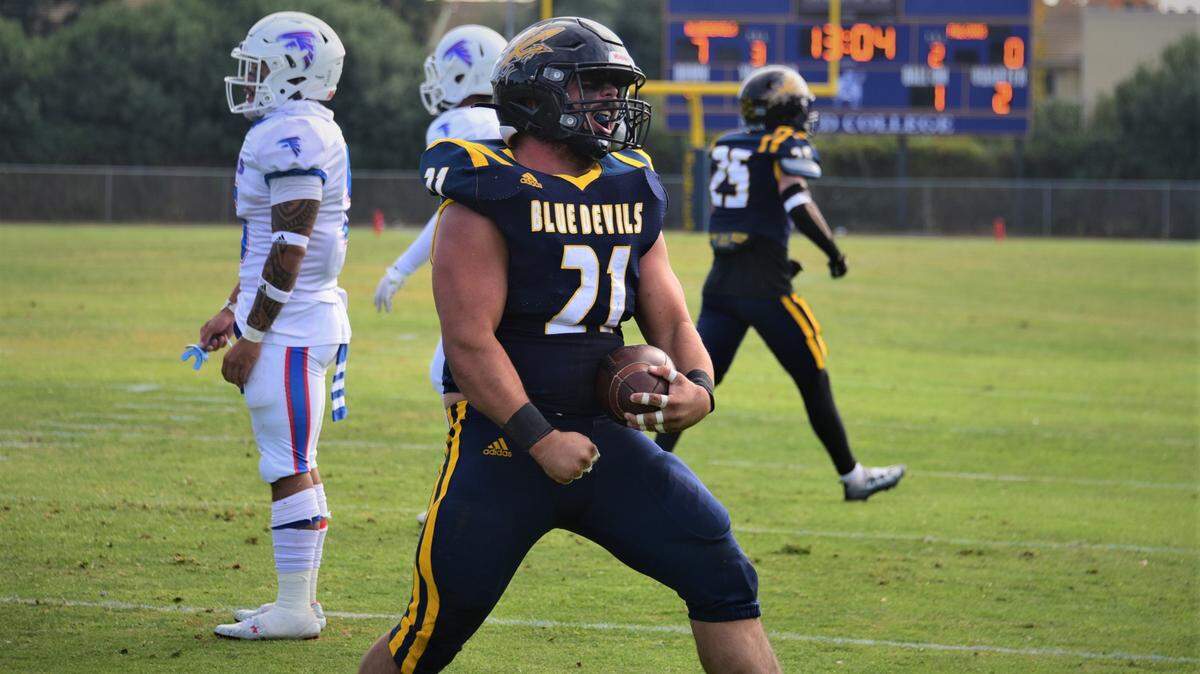 Merced College fullback Luke Anderson reacts after scoring a first-half touchdown during a 41-14 win over West Hills Coalinga on Saturday, Nov. 12, 2022 at Stadium ’76.