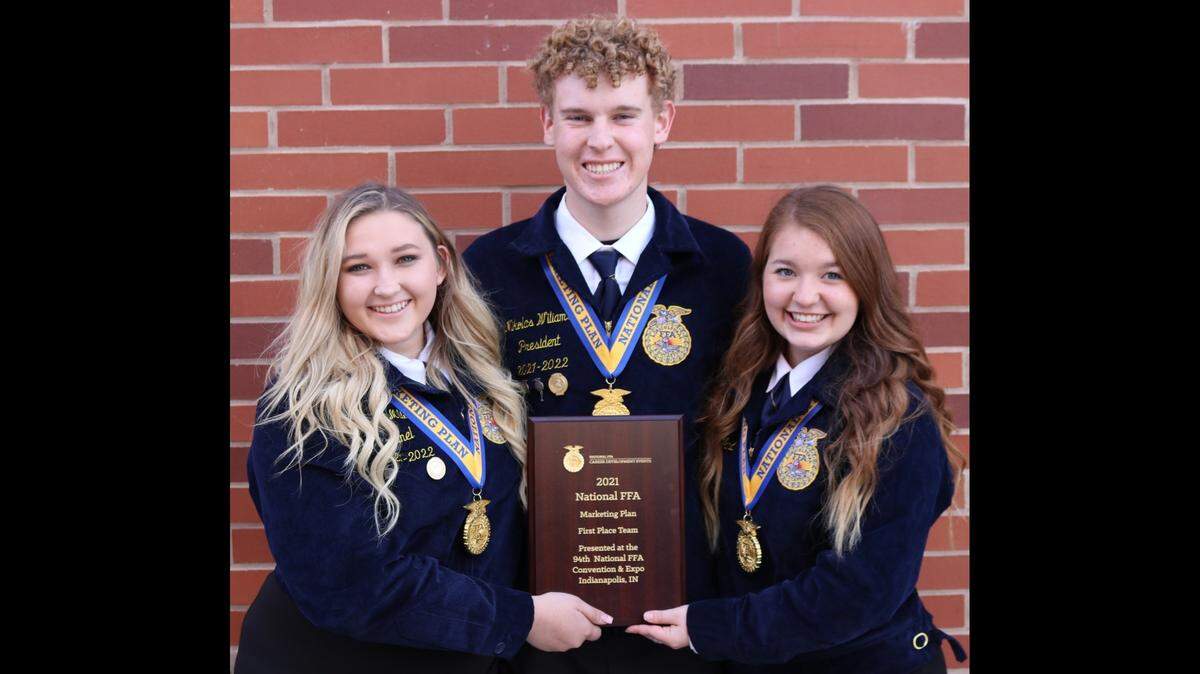 El Capitan High School seniors (from left to right) Autumn Miller, Nikolas Williams and Makayla Ward recently won a FFA national championship in the Marketing Plan competition at the National Finals in Indianapolis, Indiana.
