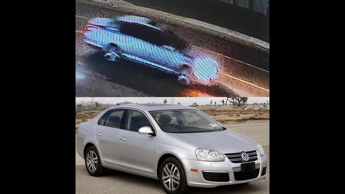 A surveillance image (top) shows a vehicle suspected of being involved in a hit and run collision which injured a California Department of Transportation worker on Martin Luther King Jr. Way in Merced on Wednesday, according to the Merced Police Department. Below is an image of the suspected vehicle. Police said the suspected vehicle is believed to be a silver four-door Volkswagen sedan model year 2006 to 2010. Image courtesy of Merced Police Department.
