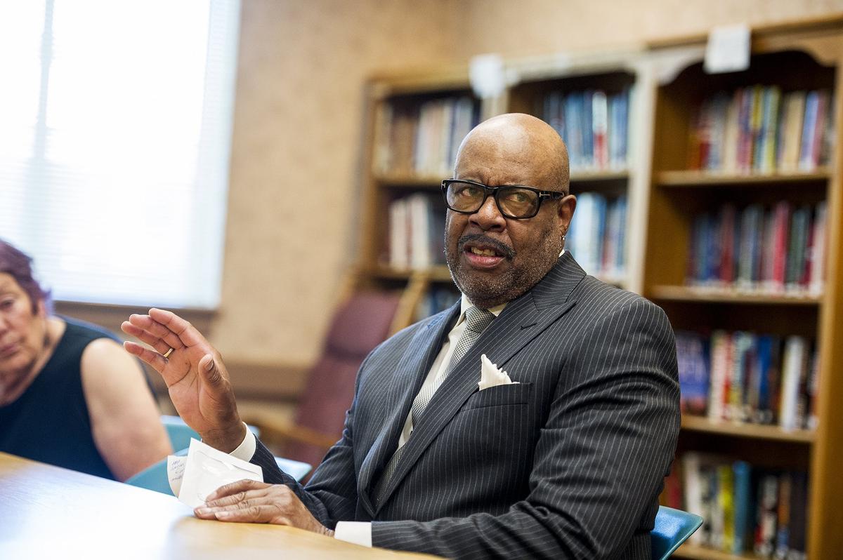 South Merced Community Council member Chad Parker meets with fellow council members to discuss the arrest of William Colbert, a black man who says he was beaten by Merced police, during a press conference at the Merced Senior Community Center in Merced, Calif., on Wednesday, May 9, 2018. Colbert, a 39-year-old Merced man, was arrested by police for allegedly resisting arrest after a store clerk called authorities when Colbert argued with the employee over the payment at the AM-PM mini-store on G Street in Merced on March 12. Colbert claims he was brutalized by more than one officer the evening of the 12th and that he committed no crimes.
