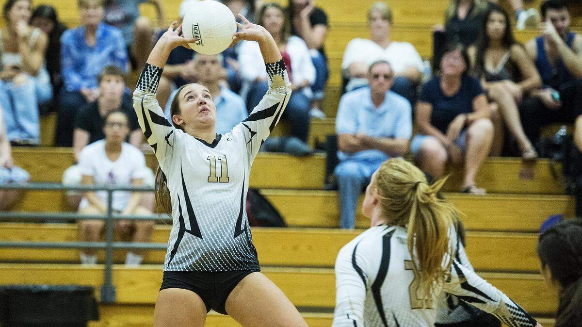 Buhach Colony senior Mallory Pazin (11) sets the ball during a match against Golden Valley at Golden Valley High School in Merced, Calif., on Wednesday, Sept. 5, 2018. The Thunder beat the Cougars 3-0.
