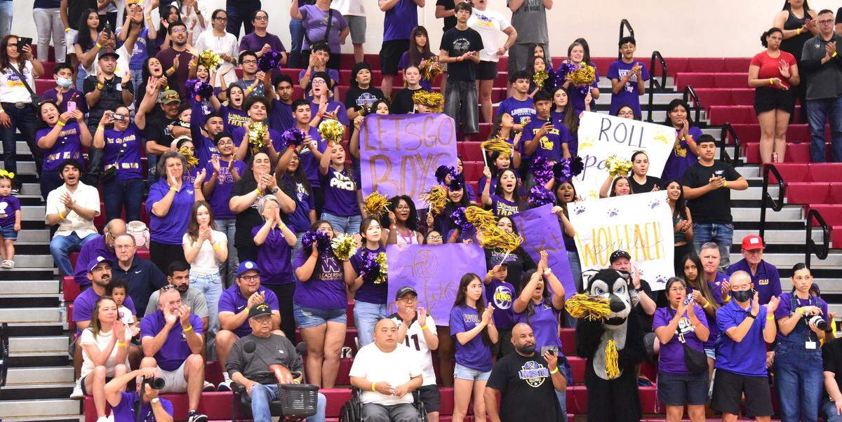 The Livingston High fans cheer on the Wolves during the boys volleyball CIF State Championship Division IV match on Saturday, May 31, 2025 at Fresno City College.