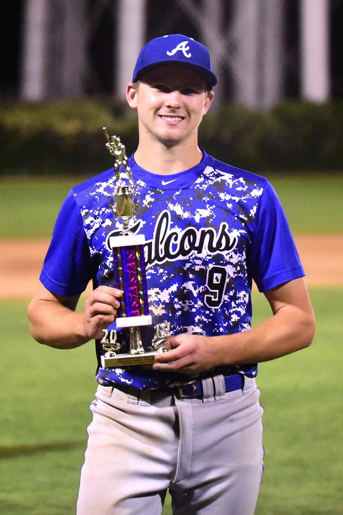 Atwater junior Jacob Weiss (9) poses for a photo after throwing a no-hitter and recording 13 strikeouts, during the Falcons’ 8-1 win over Mountain House in the championship game of the 60th annual Fran Oneto/Atwater-Winton Lions Easter Baseball Tournament at Memorial Ballpark in Atwater, Calif., on Thursday, April 25, 2019.
