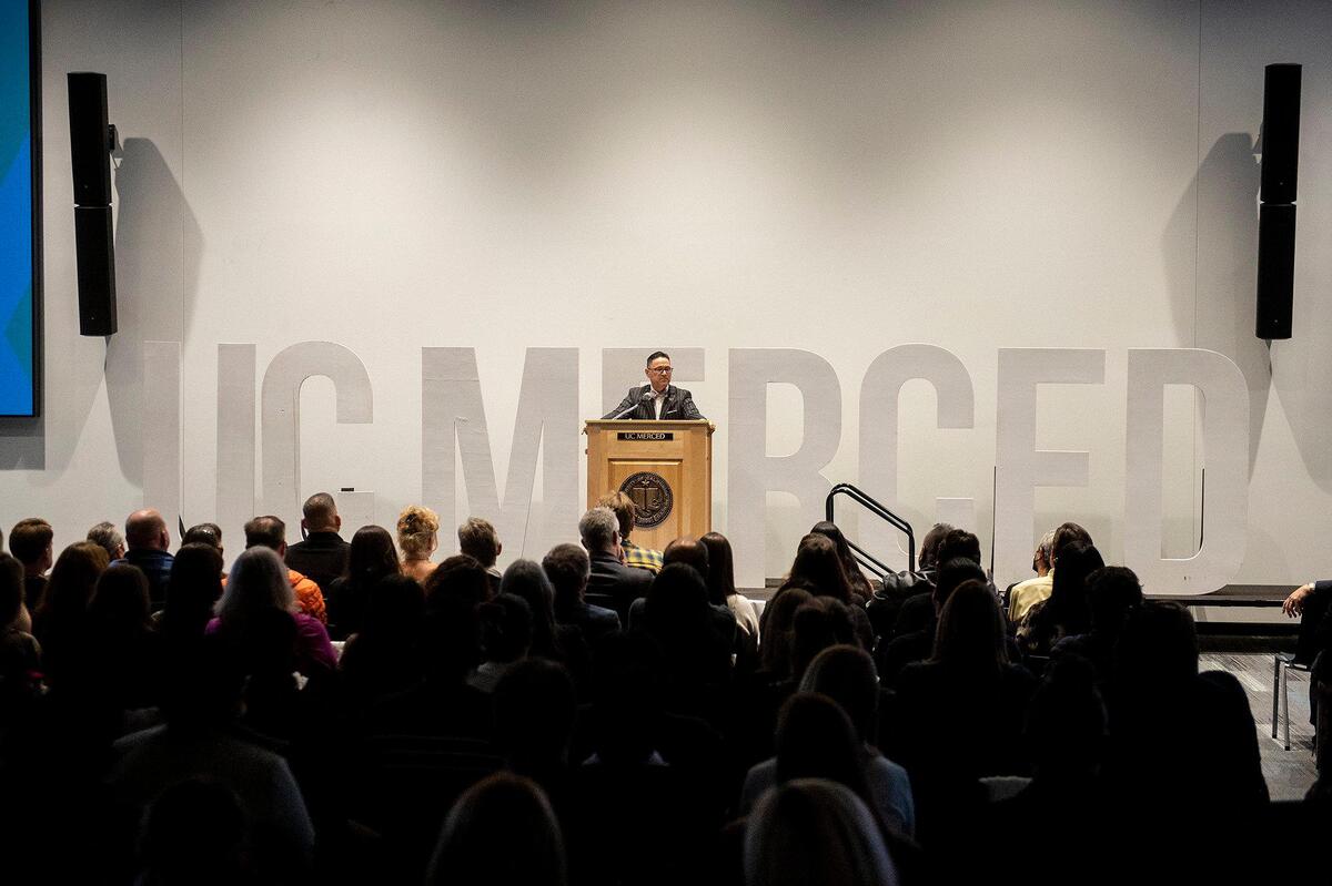 University of California, Merced Chancellor Juan Sanchez Munoz speaks during a 20-year anniversary celebration of the groundbreaking of the University of California, Merced, in Merced, Calif., on Wednesday, Jan. 25, 2023.