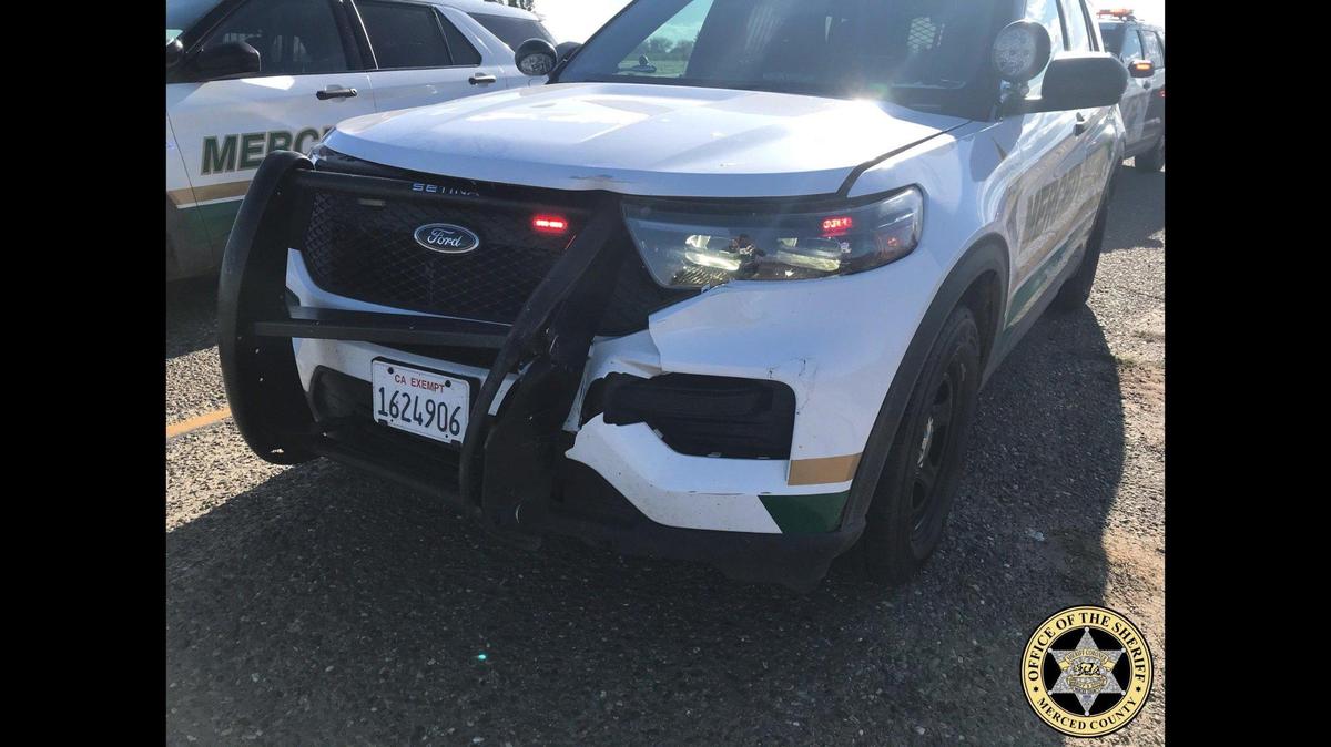 A 42-year-old man was arrested by Merced County Sheriff’s deputies on Monday, after allegedly stealing a truck and crashing it into a deputy’s patrol vehicle, according to the Merced County Sheriff’s Office. Image courtesy of Merced County Sheriff’s Office.