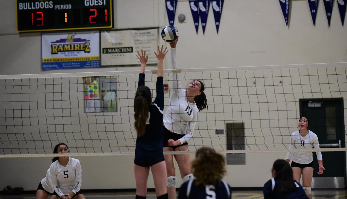 Le Grand junior Priscilla Barnett hits the ball during the Bulldogs Northern California Regional Playoff match against Urban of San Francisco on Tuesday, Nov. 12, 2019 at Le Grand High.