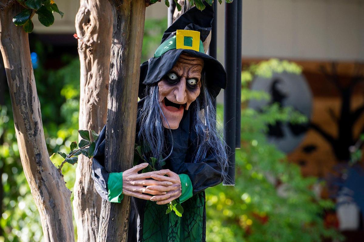 A witch Halloween decoration at the home of Ken and Harmony Anderson on Oregon Drive in Merced, Calif., on Thursday, Oct. 20, 2022.