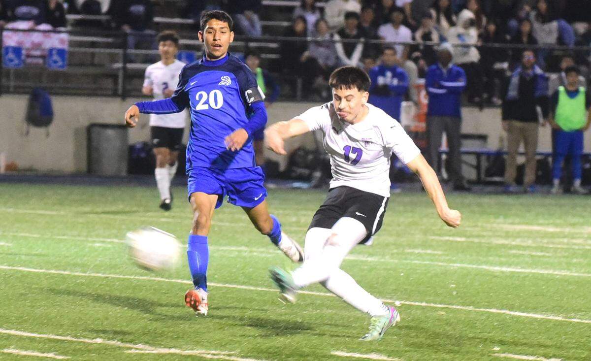 Pacheco High senior Anthony Tiznado (17) fires a shot against Valley High in the Sac-Joaquin Section Division III championship game at Cosumnes River College in Sacramento on Thursday, Feb. 22, 2024.