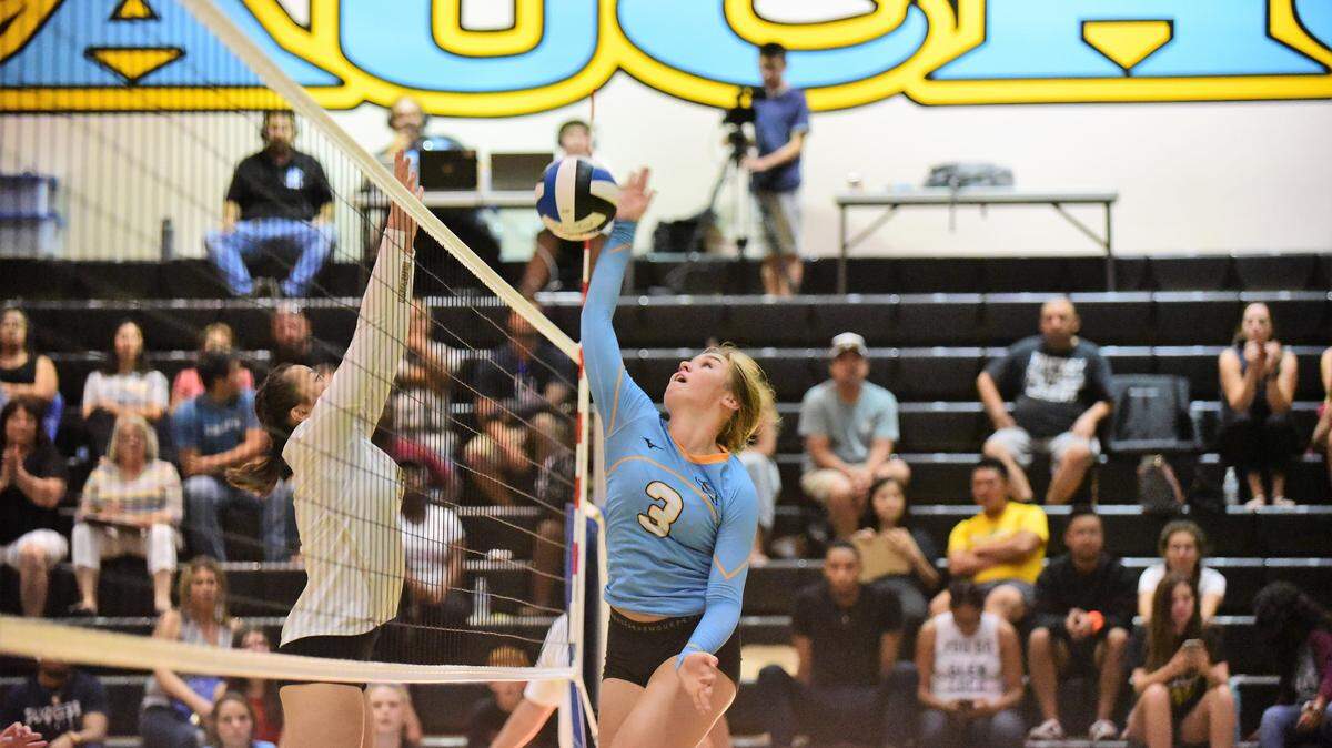 El Capitan’s Natalie Collins goes up for a hit at the net during the Gauchos’ 3-2 win over Buhach Colony on Wednesday, Sept. 25, 2019 at El Capitan High School. 