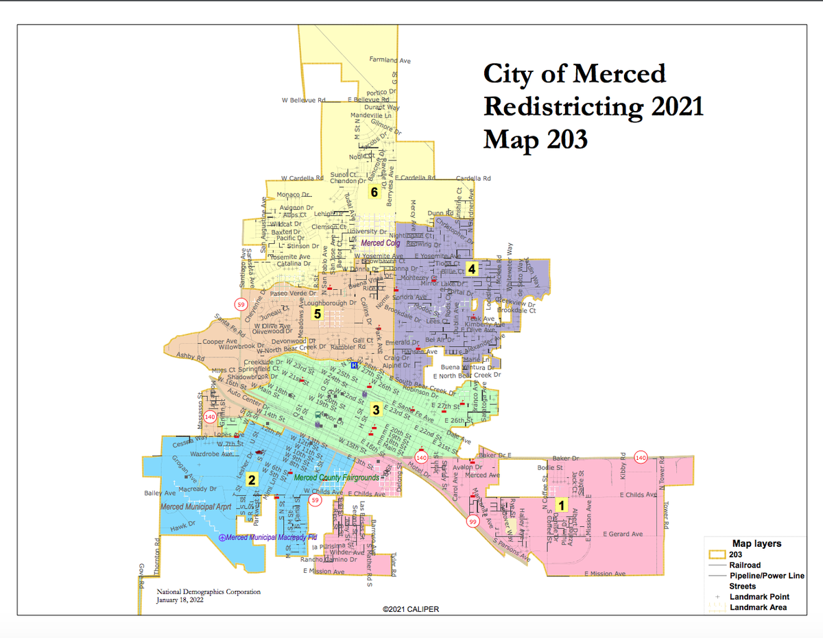 Map 203 was narrowly supported by the Merced City Council as the blueprint for new district boundaries following a debate that kept residents and electeds up late on Monday, March 7, 2022.