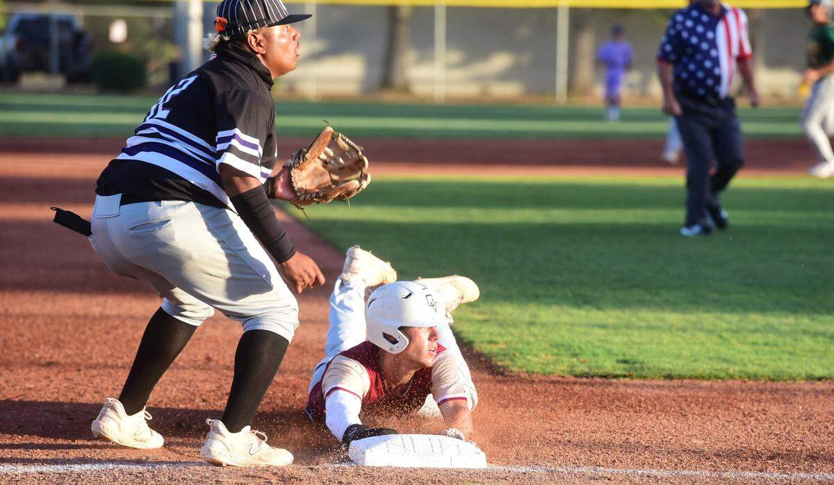 Golden Valley High School’s Koen Heupel steals third base during the Merced County All-Star Baseball Game at Merced College on Saturday, June 8, 2024.