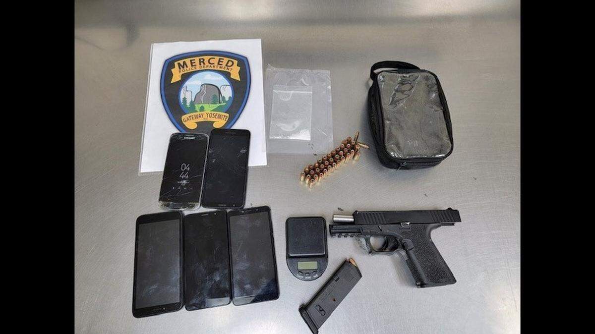 Three Kerman men were arrested on suspicion of firearm and narcotic charges after a traffic stop Friday afternoon, Nov. 12, 2021, in Merced, California.