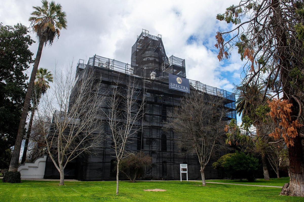 Scaffolding surrounds the Merced County Courthouse Museum as work is underway on a multi-million dollar project to restore portions of the building’s deteriorating exterior in Merced, Calif., on Thursday, March 6, 2025.