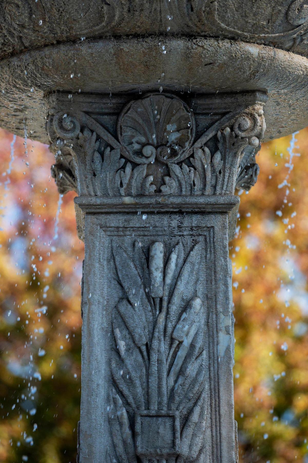 The historic Laura Fountain located in Applegate Park, near the intersection of M Street and West 26th Street in Merced, Calif., on Wednesday, Nov. 13, 2024. The marble fountain built in 1888 by Merced Founder Charles Henry Huffman and named for his third wife Laura Kirkland Huffman, was originally located next to the El Capitan Hotel. The fountain was moved to its current location in 1935. A restoration project was recently completed after the fountain had fallen into disrepair.