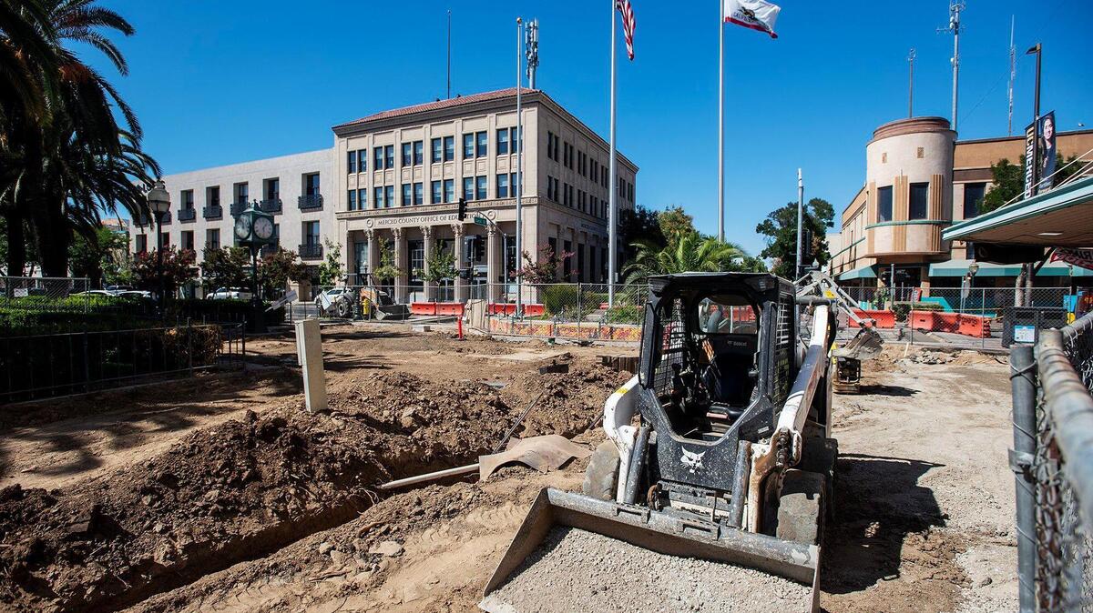 Construction continues on Bob Hart Square in Merced, Calif., on Wednesday, July 23, 2025. The construction is part of revitalization effort to improve public spaces and infrastructure.