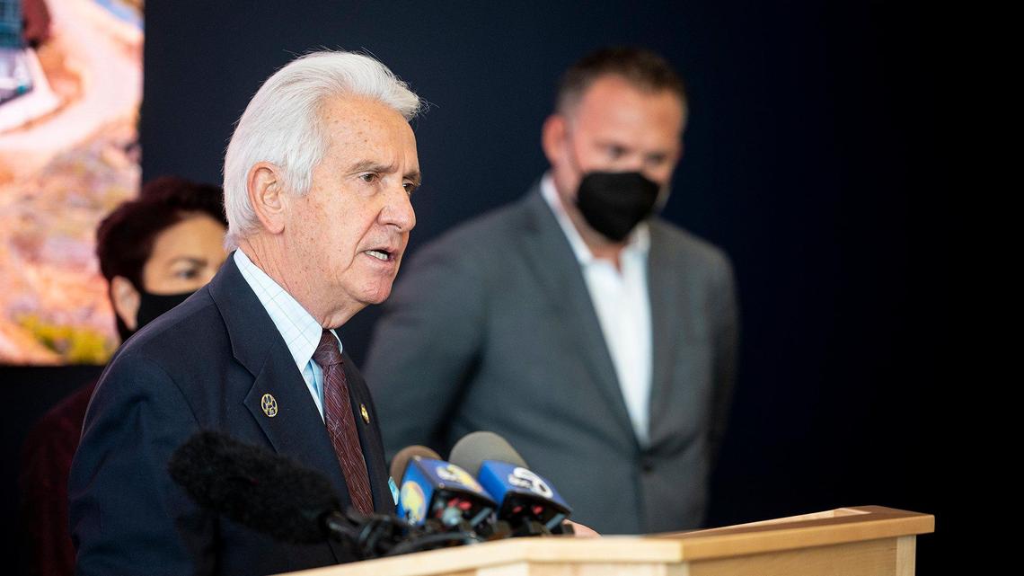 Congressman Jim Costa speaks during a news conference for a proposed medical school on the University of California, Merced campus in Merced, Calif., on Monday, Oct. 25, 2021.
