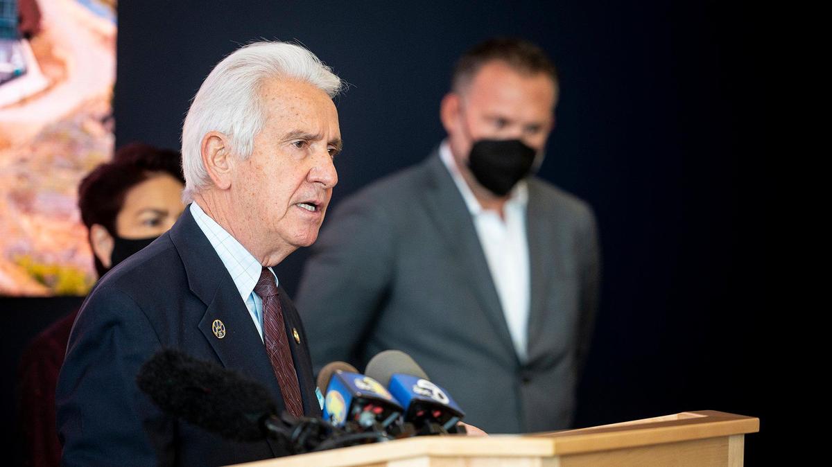 Congressman Jim Costa speaks during a news conference for a proposed medical school on the University of California, Merced campus in Merced, Calif., on Monday, Oct. 25, 2021.