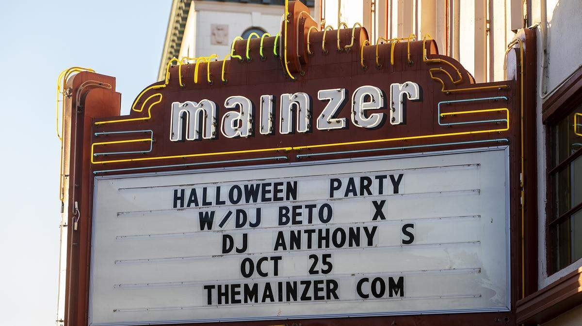 The Mainzer marquee displays an upcoming Halloween event in Merced, Calif., on Tuesday, Oct. 22, 2024.