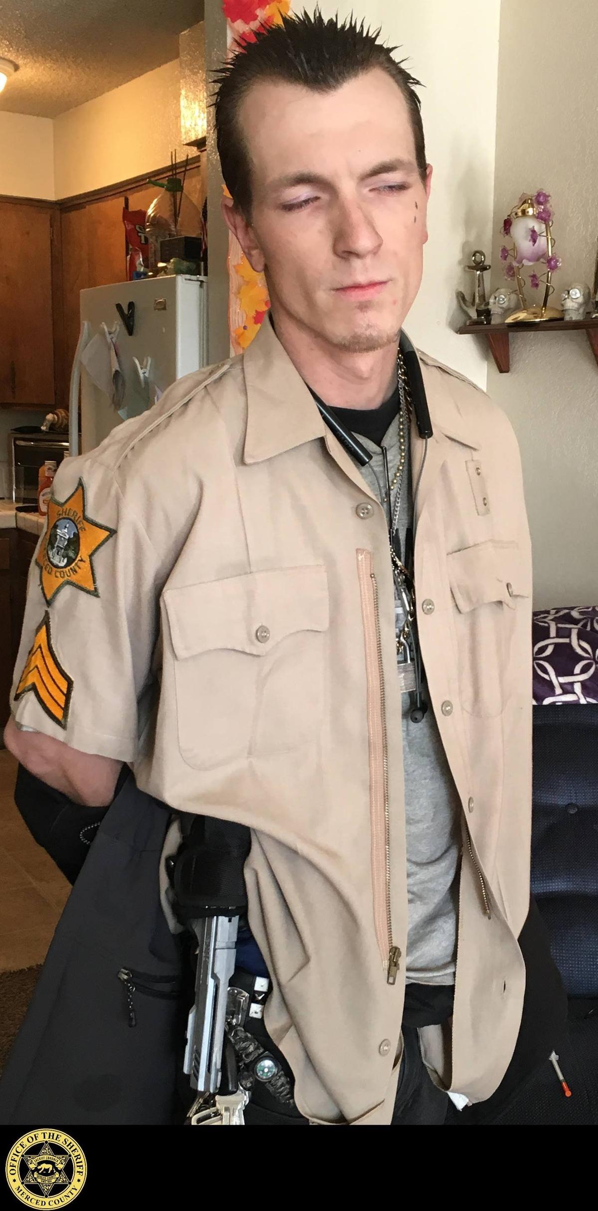 Jeremiah Foster, 24, of Winton. The Merced County Sheriff’s Office says deputies found law enforcement uniforms, daggers and replica weapons at a home in Atwater on Thursday. Photo courtesy of the Merced County Sheriff’s Office.