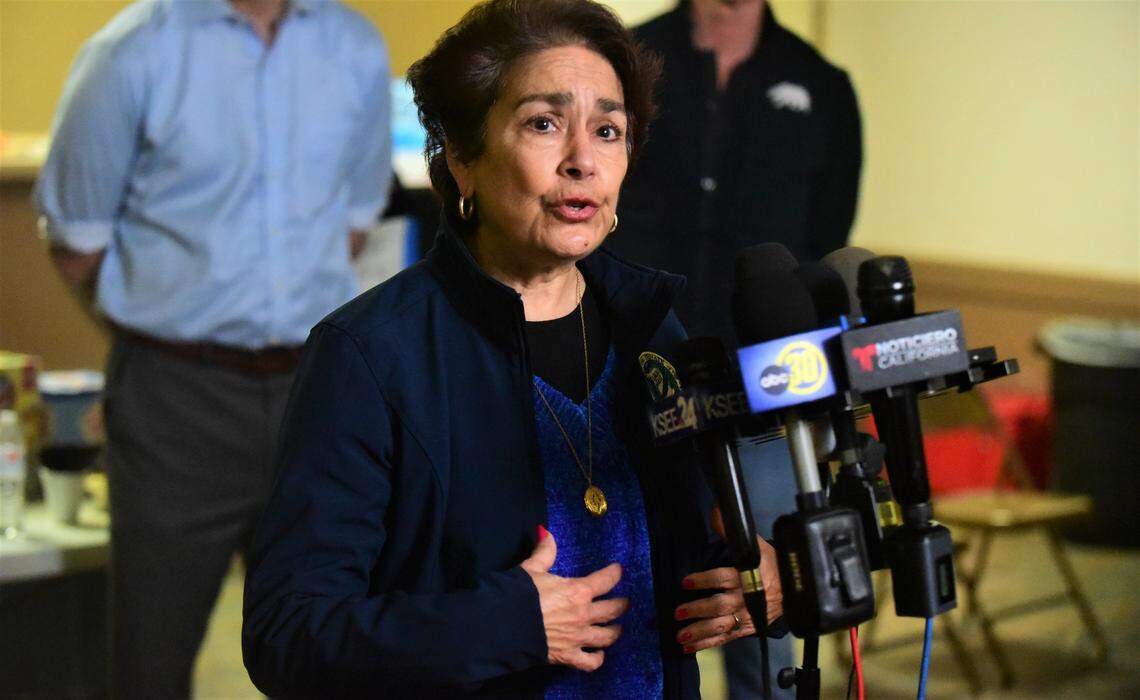 Senator Anna Caballero speaks to reporters during a press conference set up at the evacuation center set up at the Merced County Fairgrounds on Saturday, Jan. 14, 2023.