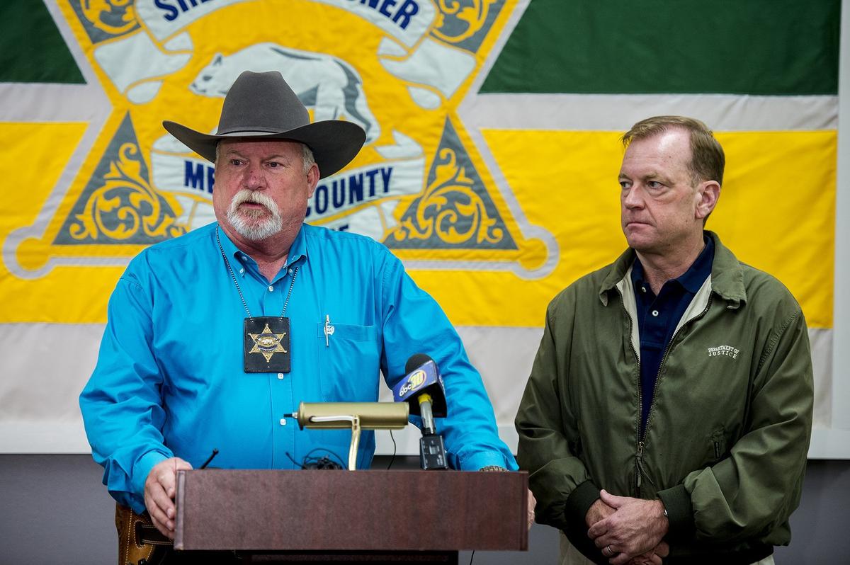 Merced County Sheriff Vern Warnke, left, and United States Attorney for the Eastern District of California, McGregor Scott, right, announce an investigation of a 194 acre marijuana grow on the west side of Merced County at the Merced County Sheriff’s Office in Merced, Calif., on Monday, Nov. 5, 2018.