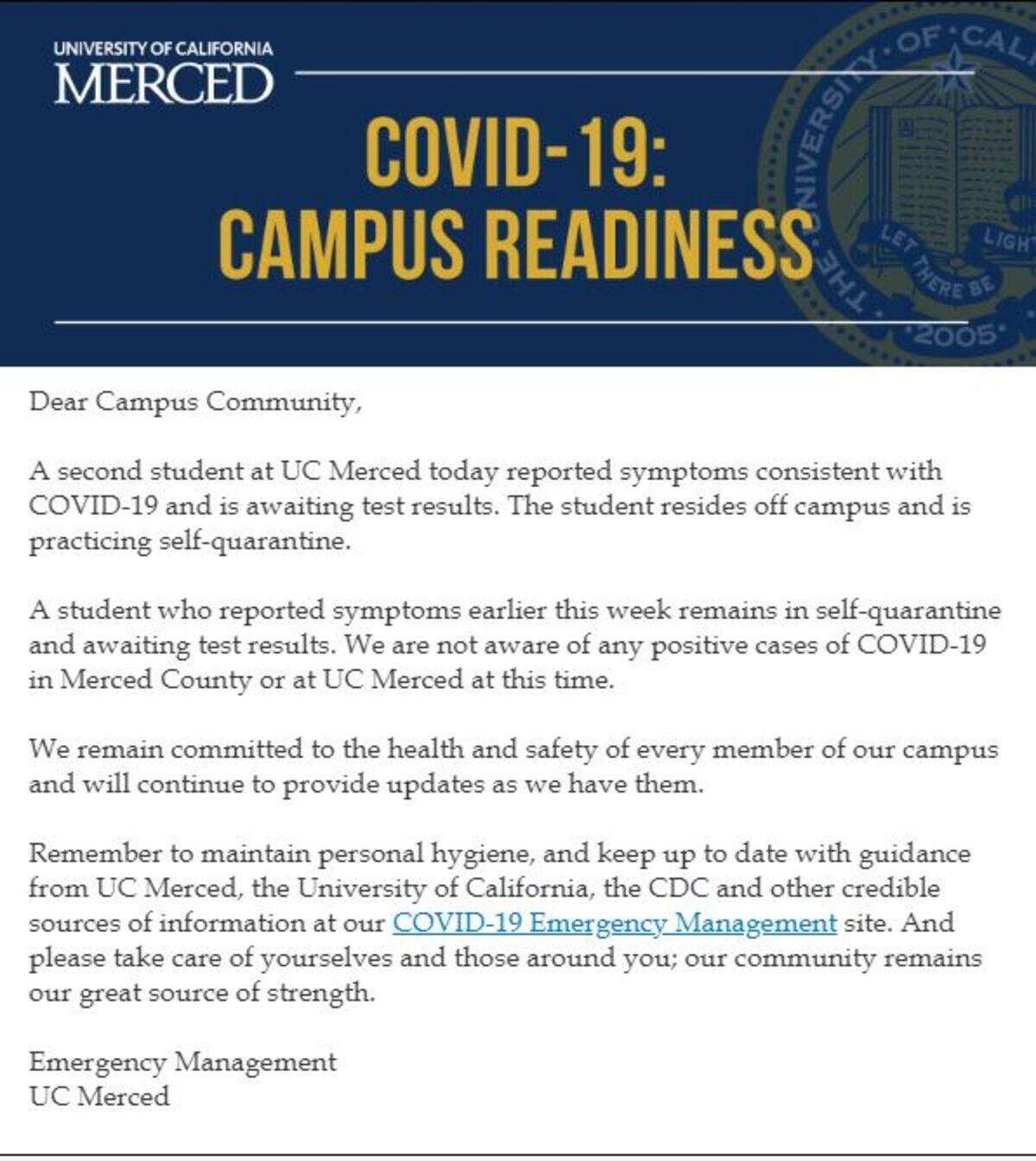 Screenshot of letter from UC Merced about second student being tested for coronavirus.