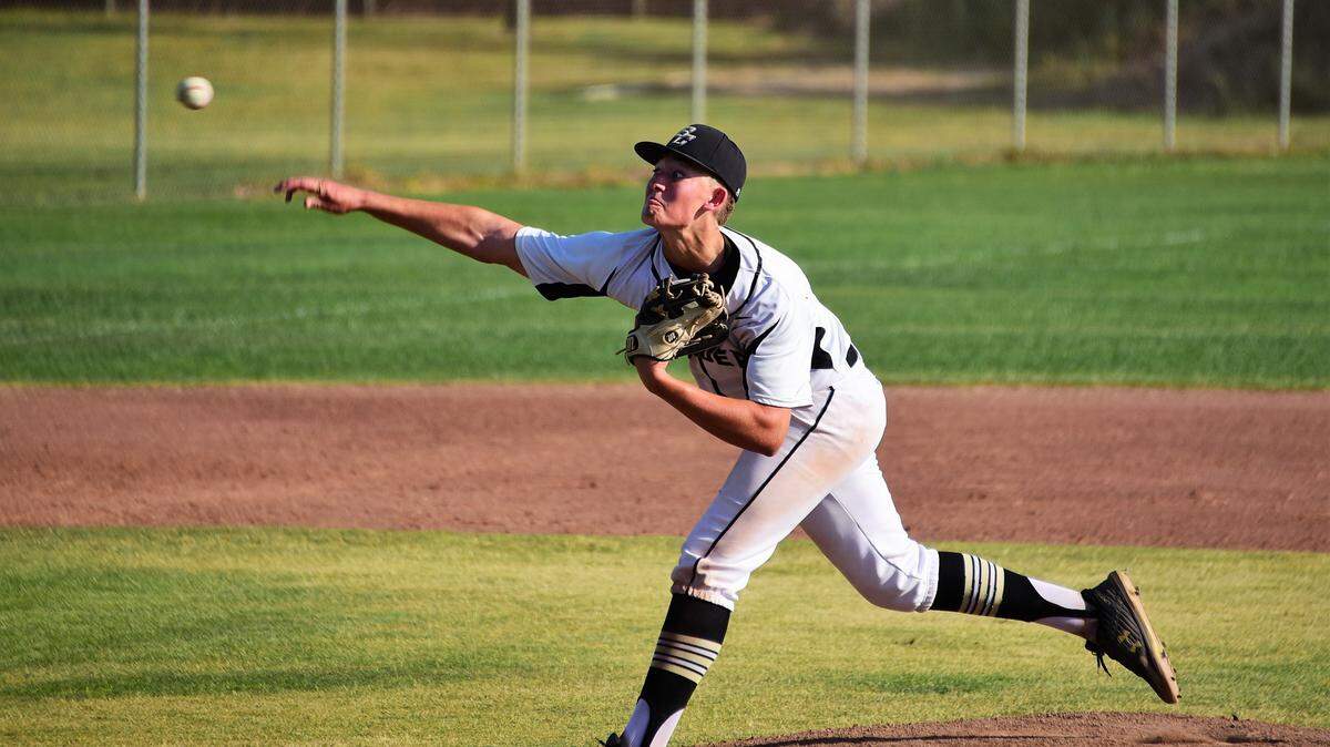 Buhach Colony sophomore Jake Sapien delivers a pitch during the Thunder’s 13-5 win over Golden Valley on Tuesday, May 7, 2019.