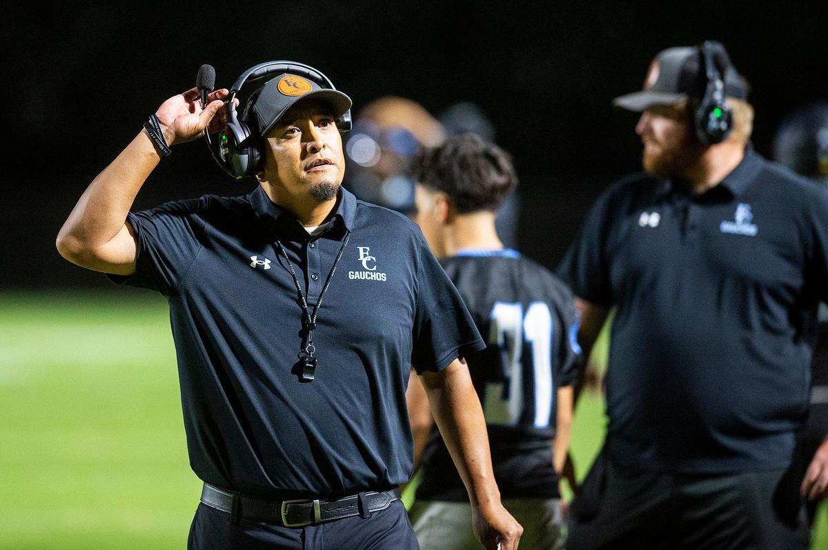 El Capitan head coach Xavier Ramirez walks the sideline during a game against Beyer at Stadium 76 in Merced, Calif., on Friday, Sept. 6, 2024. The Gauchos beat the Patriots 34-0.