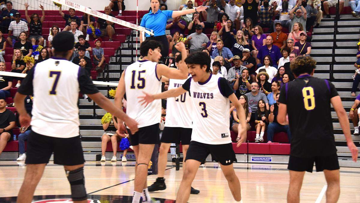 Livingston High junior setter Gurmukh Gill (3) celebrates after a point with teammate Udayveer Dhadda (7) during the state championship match against Mater Dei Catholic on Saturday, May 31, 2025 at Fresno City College.