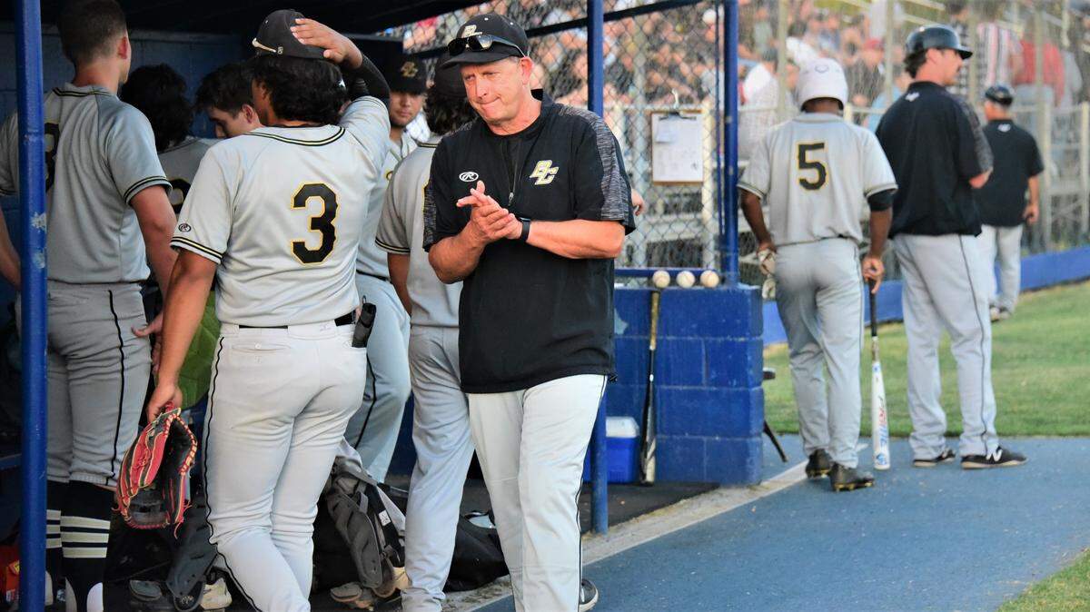 Buhach Colony High baseball coach Greg Wakefield walks in the dugout during the Thunder’s game against Atwater on Friday, May 28, 2021 at Memorial Ballpark.