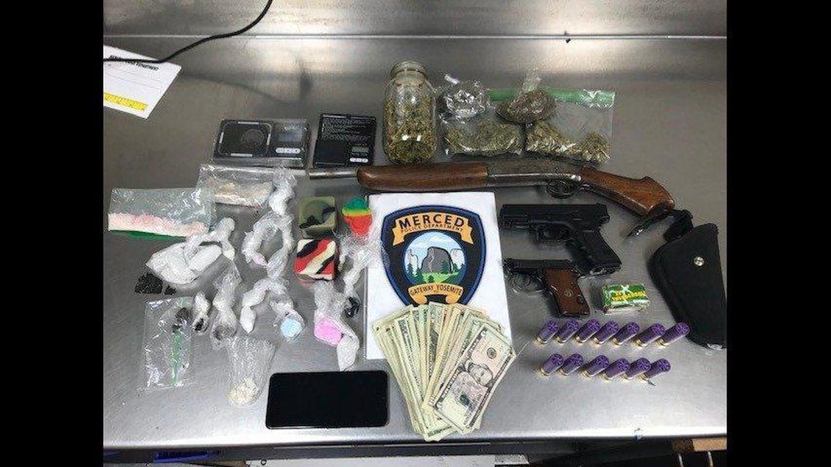 Three people have been arrested after officers found narcotics and guns during a search of a home in Merced on Friday, according to the Merced Police Department. Image courtesy of Merced Police Department.