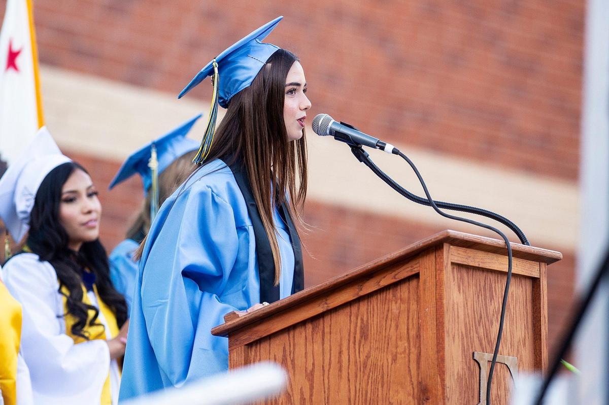 Graduate Sophia Caporro gives a welcome address in Italian, during a commencement ceremony for the El Capitan High School class of 2022 on the El Capitan High School campus in Merced, Calif., on Thursday, June 2, 2022.