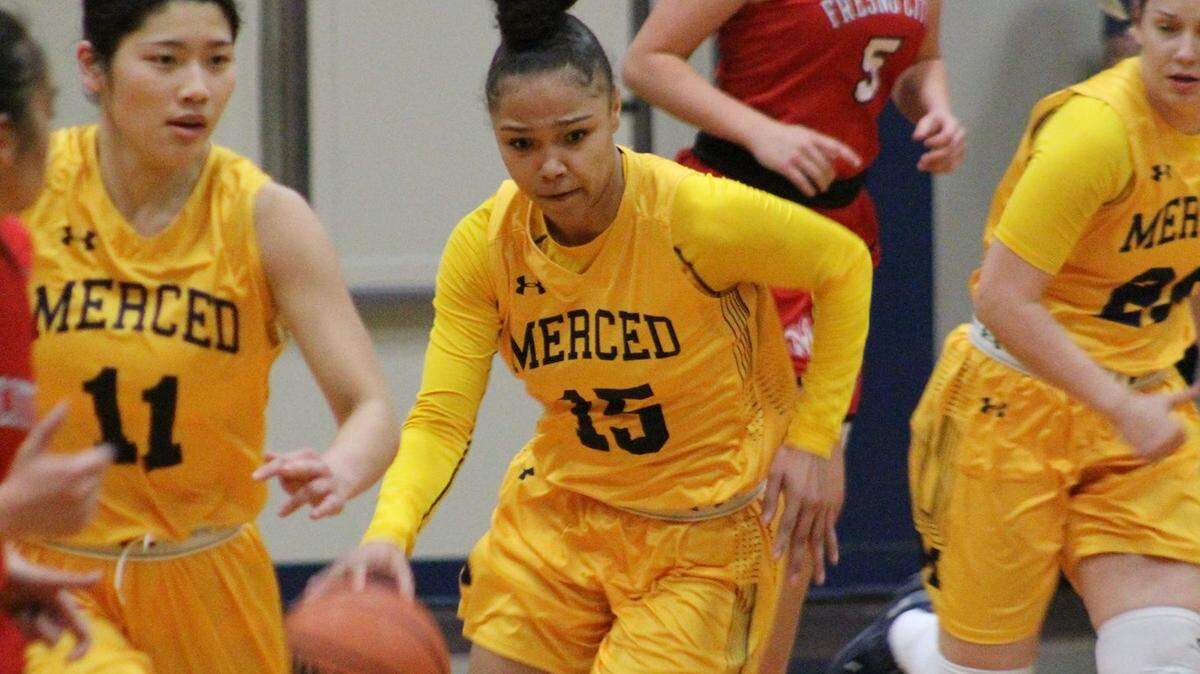 Merced College’s Malaya Kendrick dribbles the ball up the court in a game played earlier this season. The Central Valley Conference MVP and the Lady Blue Devils will host Santa Rosa in the Northern California Regional playoffs on Saturday at Don Reid Court at 7 p.m.