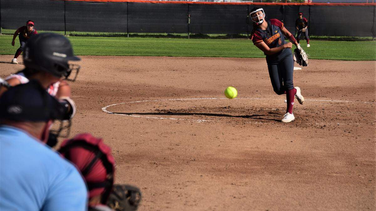 Golden Valley High sophomore Bree Barner delivers a pitch during a game against Merced on Thursday, March 31, 2022 at Merced High School.