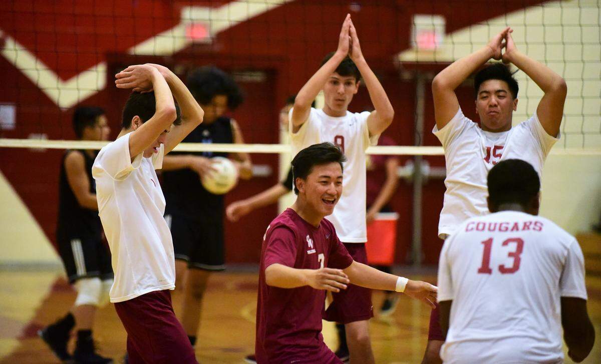 The Golden Valley High boys volleyball team celebrates a point during their 3-0 win over El Capitan in the Sac-Joaquin Section Division II quarterfinals on Thursday, May 2, 2019 at Golden Valley High in Merced, Calif.