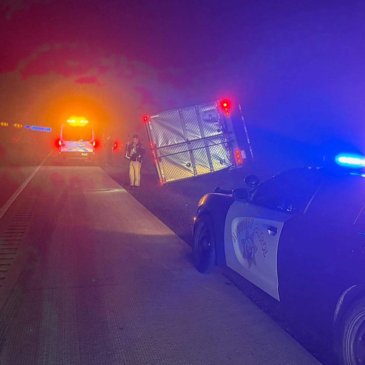 A semi overturned off northbound Highway 99 late Monday night in between Atwater and Livingston, according to a CHP Merced Facebook post.