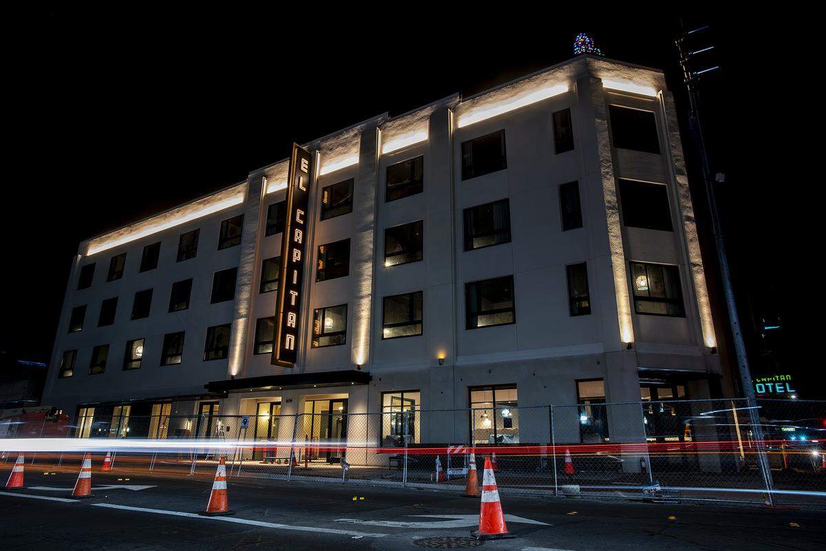 The historic El Capitan Hotel located at 609 W. Main Street in Merced, Calif., seen during a long exposure on Tuesday, Jan. 26, 2021.