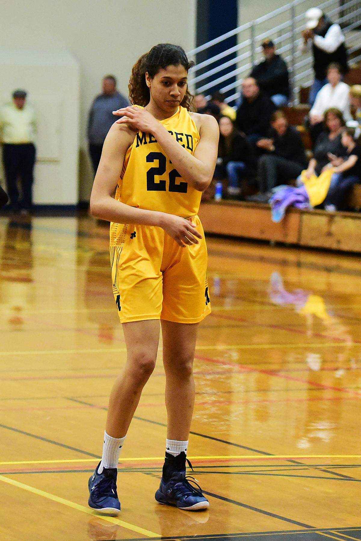 Merced College freshman Jada Johnson (22) steps up to the free-throw line during a game against Cabrillo College in Merced, Calif., on Saturday, March 9, 2019. 
