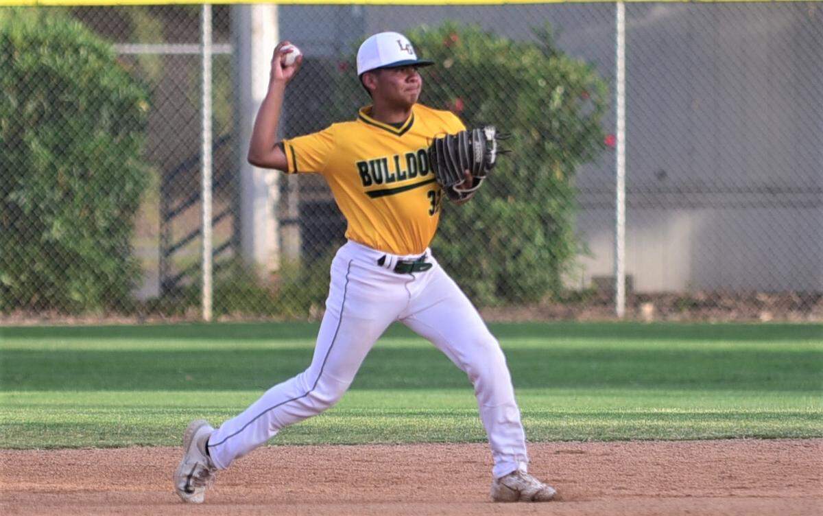 Le Grand High School freshman Diego Martinez makes a throw from second base during the Merced County All-Star Baseball Game on Saturday, June 10, 2023 at Merced College.