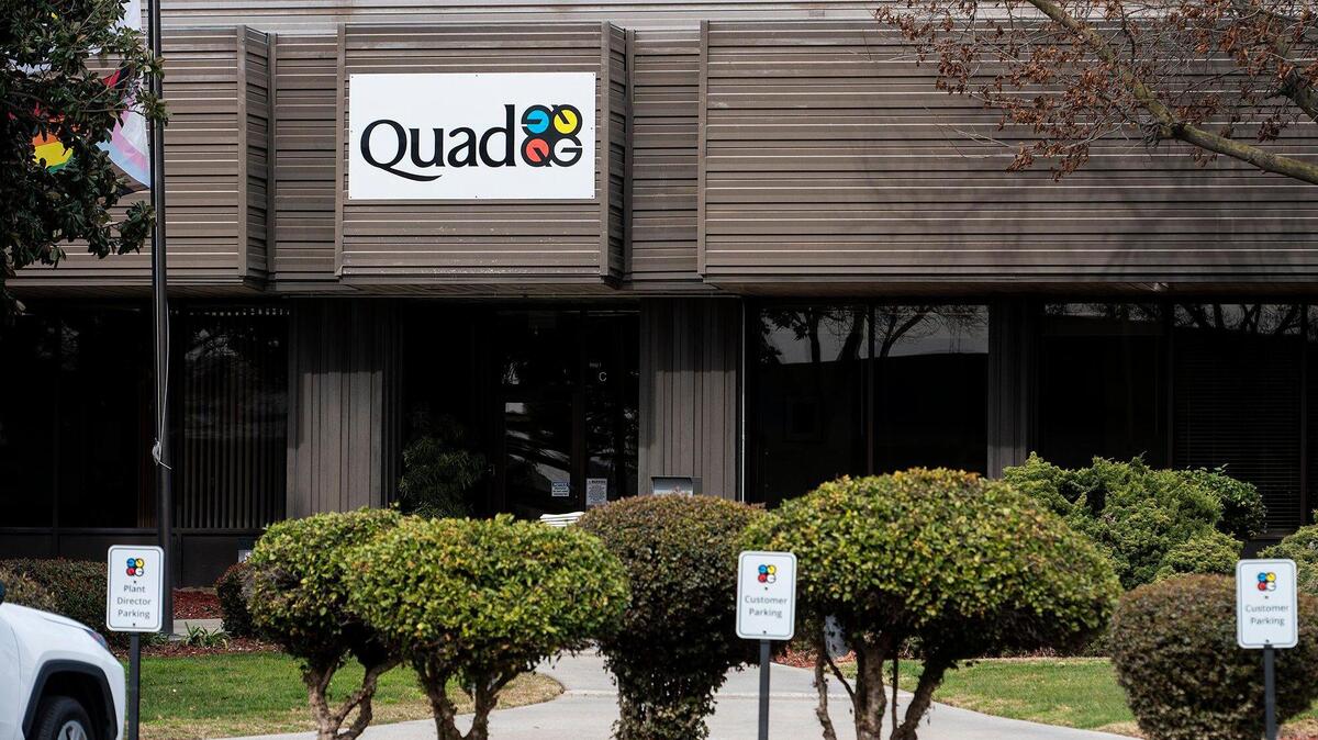 Quad located at 2201 Cooper Ave. in Merced, Calif., on Thursday, Feb. 16, 2023. According to the company, it plans to close the Merced facility in April.