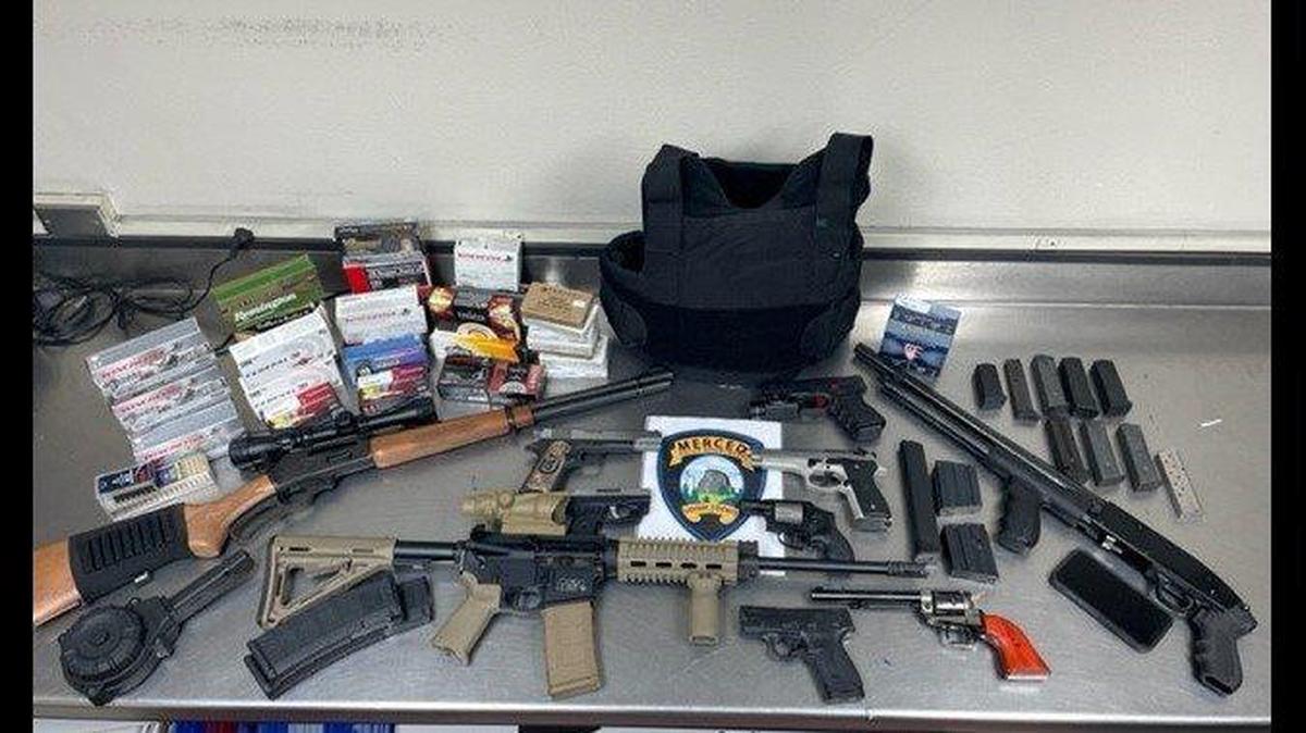 A suspected gang member was arrested Saturday after officers located guns, ammunition, a bulletproof vest and high-capacity magazines at a Merced residence, according to the Merced Police Department. Image courtesy of Merced Police Department.