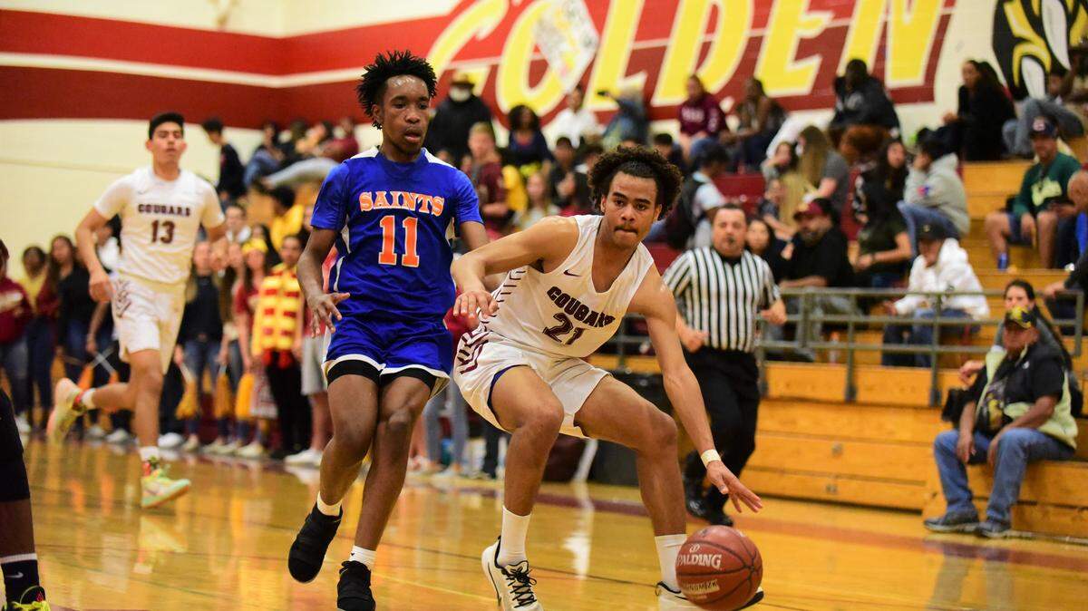 Golden Valley senior Avery Townsel dribbles the ball against Santa Teresa senior Jared Johnson (11) during Tuesday night’s Northern California Regoinal Division IV playoff game at Cougar Arena.