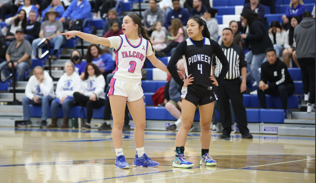 Atwater High sophomore Saige Harcksen (3) looks to the Falcons bench for instruction during the Falcon’s NorCal playoff game against Pioneer on Thursday, Feb. 27, 2024 in Atwater, Calif.