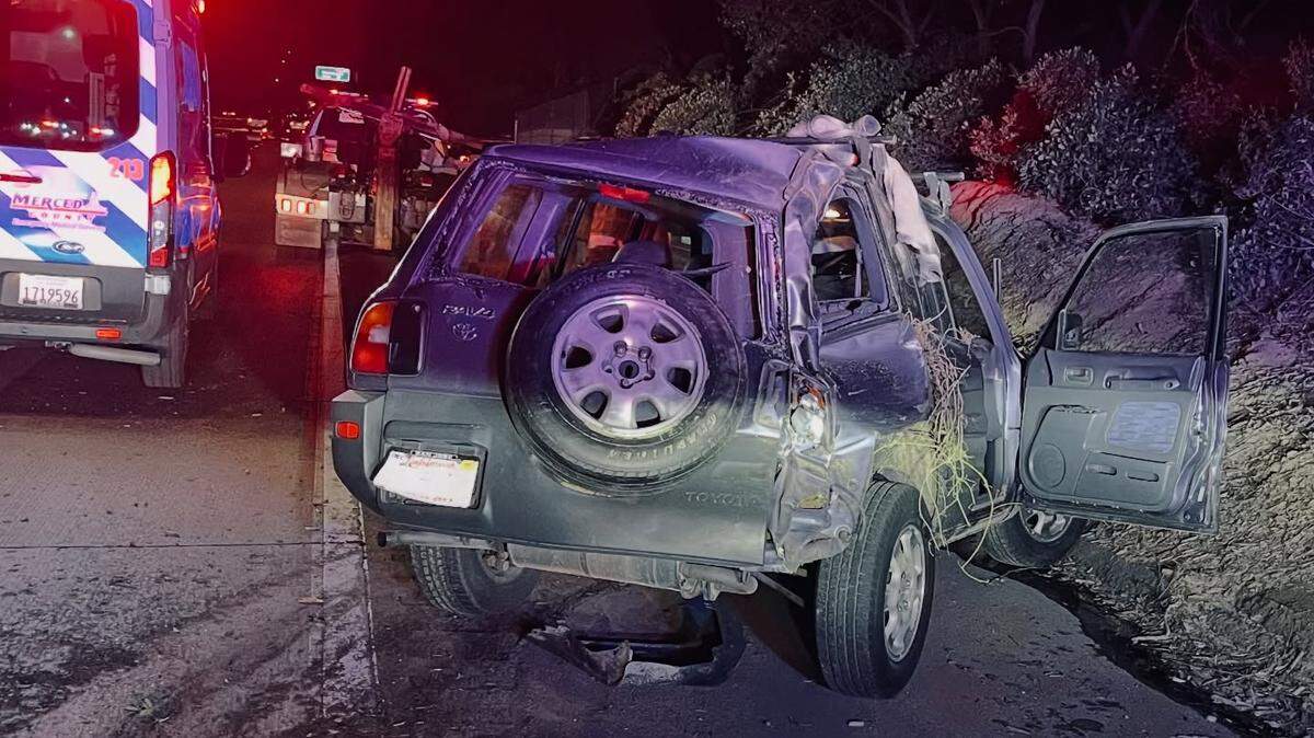 A dog survived being ejected from a vehicle during a rollover crash in Merced County on Thanksgiving, the California Highway Patrol said in a Facebook post.
