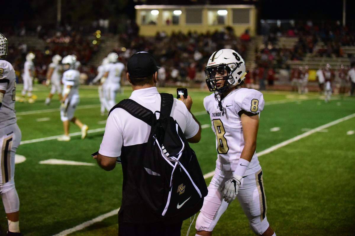 Keith Ducey films Buhach Colony junior Tyler Lopez as he exits the field against Patterson on Friday, Sept. 20, 2019.