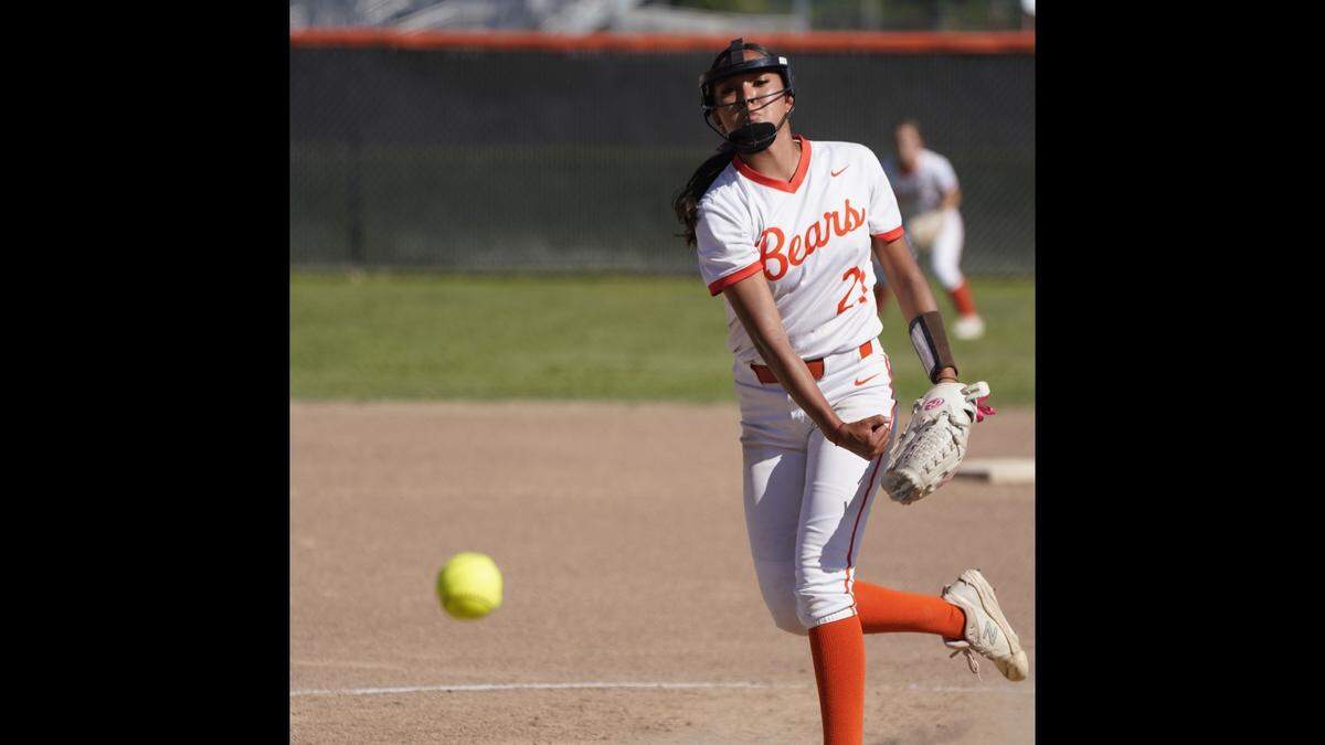 Merced High pitcher Annalise Ramirez, pictured against Atwater on Tuesday, May 5, 2026, led the Bears to a 10-0 record in the Central California Conference this season.