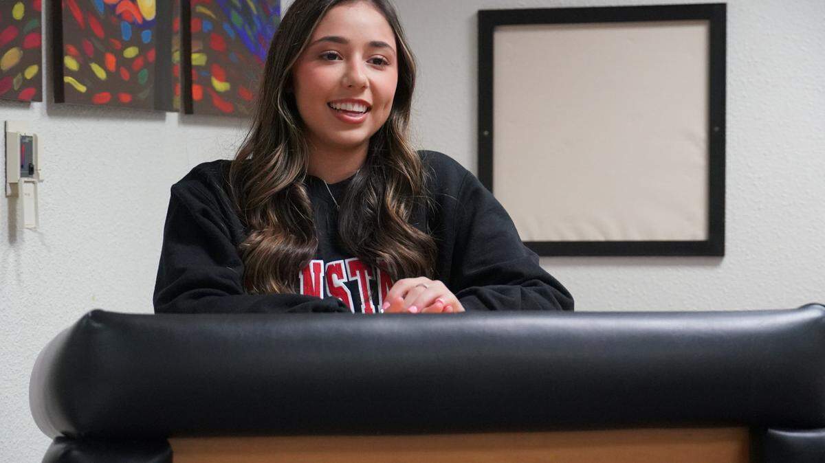 Buhach Colony senior Alexi Ochoa speaks during her national letter of intent signing ceremony at Buhach Colony on Thursday, Nov. 18, 2021.