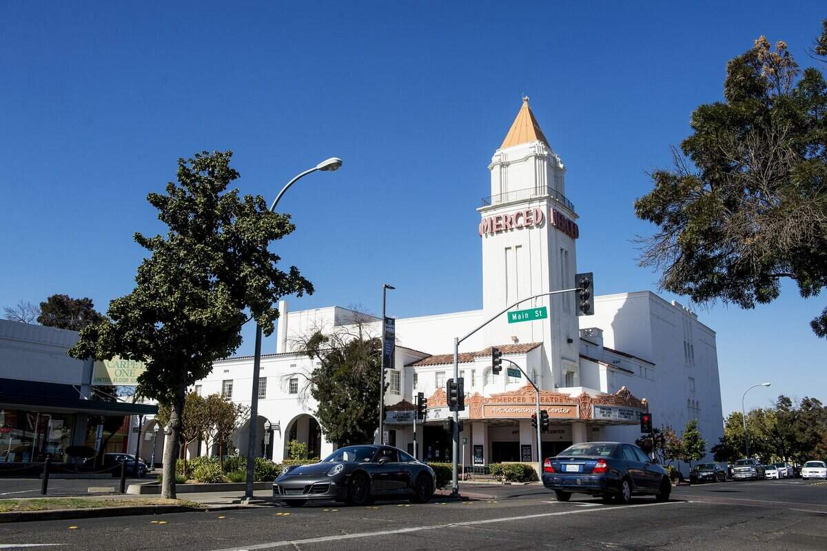 A view of the Merced Theatre in downtown Merced, Calif.